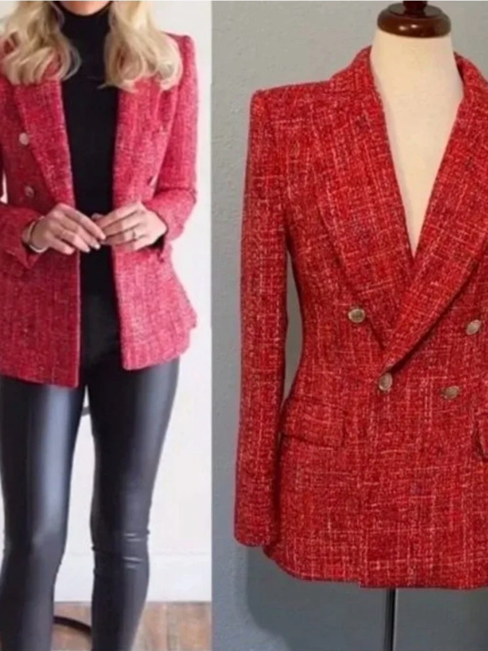 Zara Red Tweed Double-Breasted Blazer with Gold Buttons